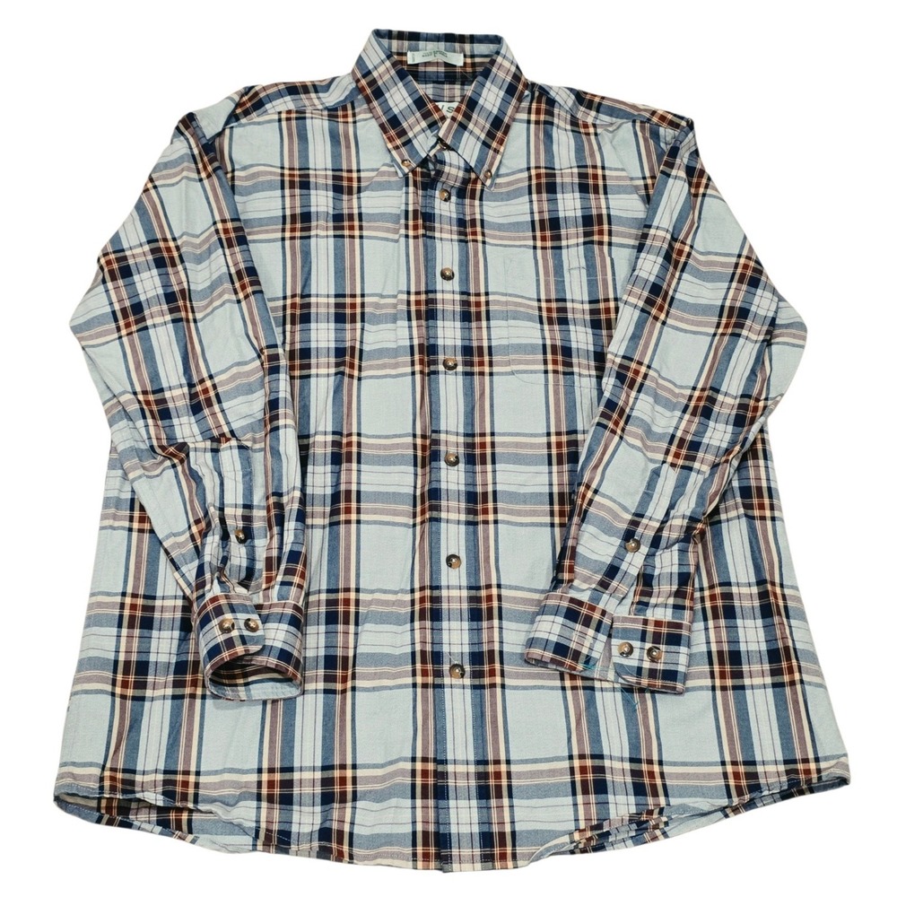 Orvis Sporting Traditions Mens L Plaid Button Down Shirt Blue Brown Cotton